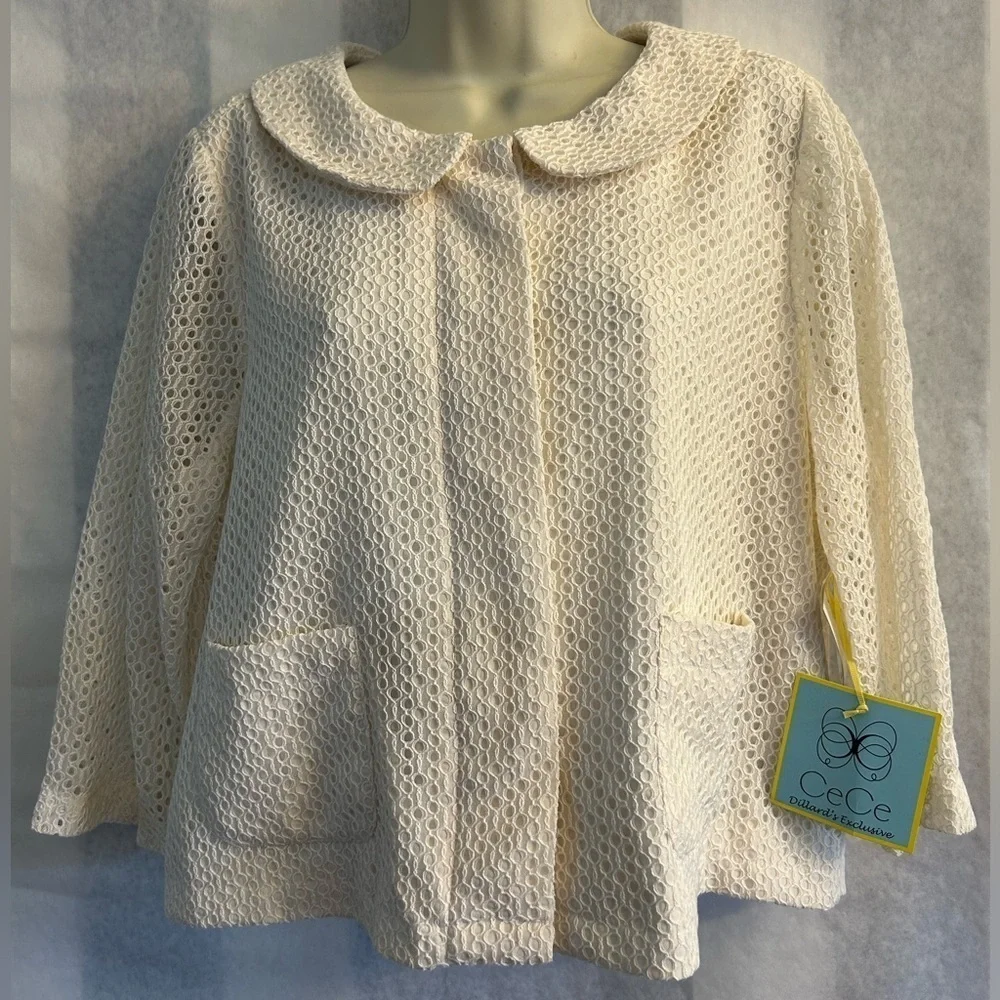 CeCe Cream Lace Jacket blazer with Collar Dillards exclusive  NWT Sz-L. K7 - Picture 2 of 10